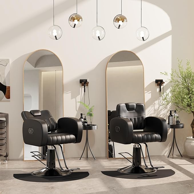 Baasha Ergonomic All Black Salon Chair with Comfortable Thickened Cushions, Heavy Duty Reclining Stylist Chair for Hair braiding, Extensions, Tattooing, Weight Capacity 440 lbs