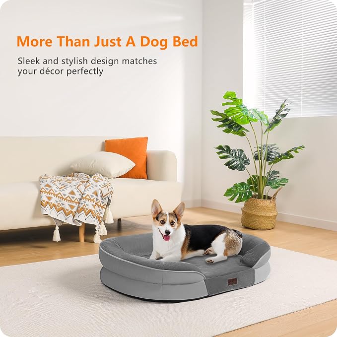 Dwanton Orthopedic Waterproof Medium Dog Bed Sofa, Gel Memory Foam, 36" | Egg-Crate Foam Dog Sofa, Washable Pet Bed with Four Sided Bolster Cushion, Removable Cover & Non-Slip Bottom, Medium Grey