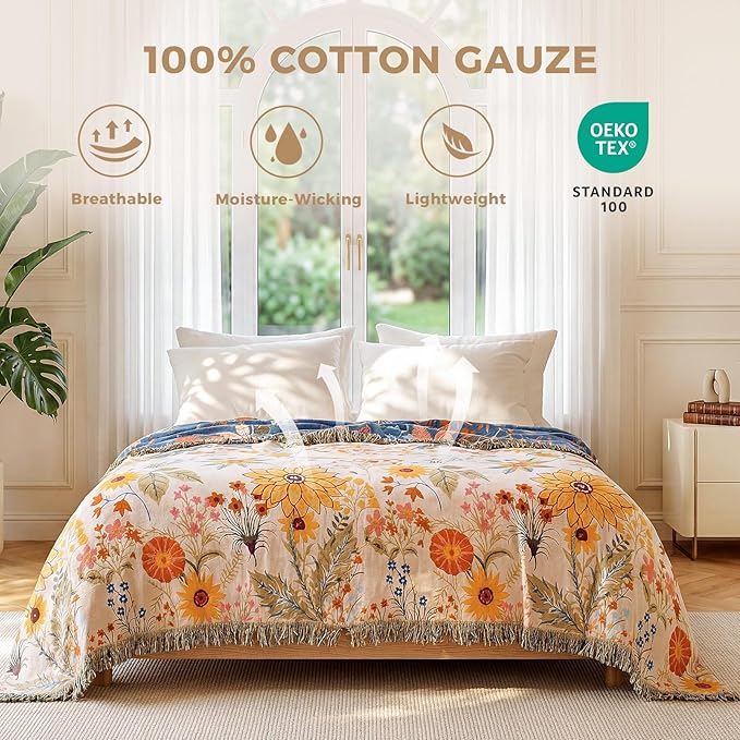 LUTBM Boho Throw Blanket for Bed 60"x80", All Season Cotton Couch Blankets | Reversible Floral Embroidery, Muslin Twin Quilt, For Chair Sofa Bedroom Living Room, Lightweight Breathable Gauze, Home Decor