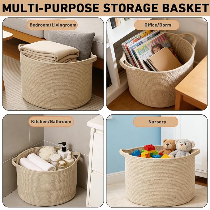 115L Extra Large Blanket Basket,Woven Rope Laundry Basket-Camel | Collapsible, reinforced handles, nursery storage bin organizes clothes, toys and pillows for living room, bedroom bathroom