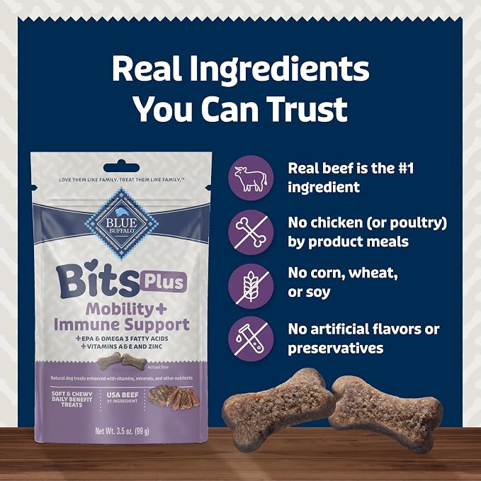 Blue Buffalo Blue Bits Plus Mobility and Immune Support Soft Dog Treats, Beef, 3.5-oz. Bag (Pack of 2)