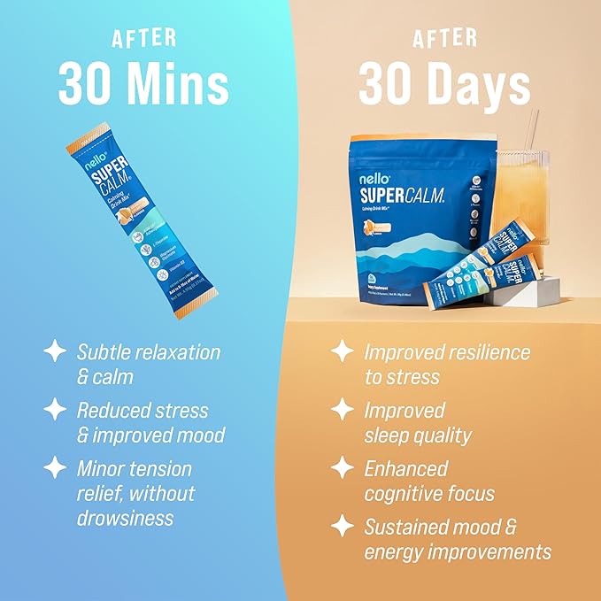 Nello Supercalm Drink Mix - Ashwagandha KSM 66, Magnesium Glycinate & L-Theanine Supplement - Ashwagandha Root Extract - Focus and Relaxation Support (20 Travel Packets) - Orange Creamsicle