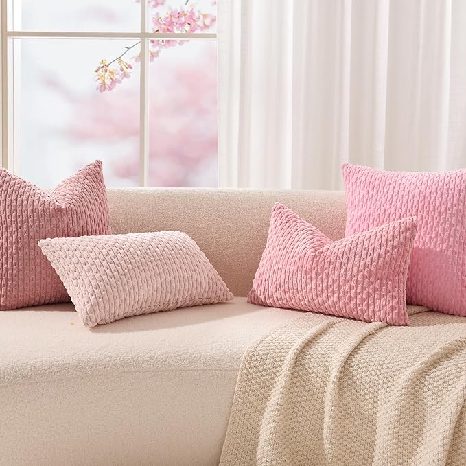 Kevin Textile Soft Corduroy 14"x22" Lumbar Pillow Cover 1 Pack, Pink | Boho Stripe Plush Corduroy Decorative Oblong Cushion Cover Modern Farmhouse Home Decor for Sofa Couch Bed Chair