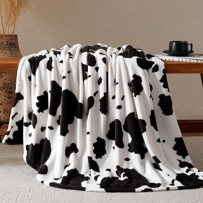 Cozy Bliss Cow Print Fuzzy Throw Blanket for Couch - Thick Soft Warm Non Shedding Fleece Blankets for Western Décor Room, for Kids, Women Men Girls, Black & White 50"*60"