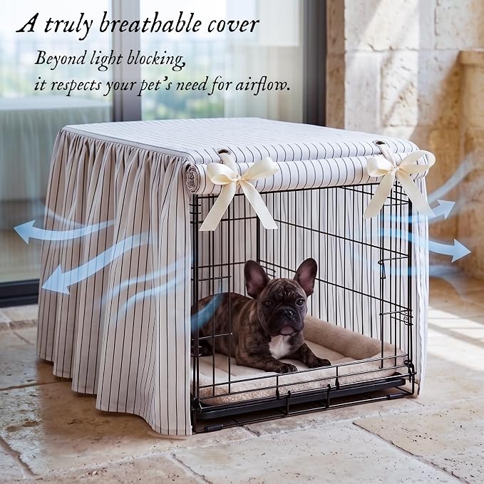 Boomkin Farmhouse Striped Dog Crate Cover 24 Inch, Rustic Cottagecore Pet Kennel Cover with Ruffled Skirt & Roll-Up Door, Elegant Fabric Decorative Dog Cage Cover for Indoor Home Decor