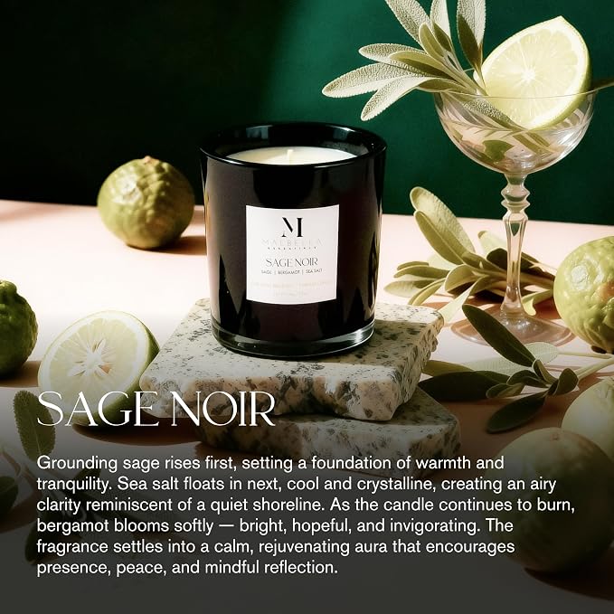 Sage Noire Luxury Scented Candle for Women & Men | 8.5 oz Hand-Poured Coconut Wax Blend | Modern Self-Care Aromatherapy Candle | 50 Hr Burn | Gift-Ready Glossy Glass Vessel