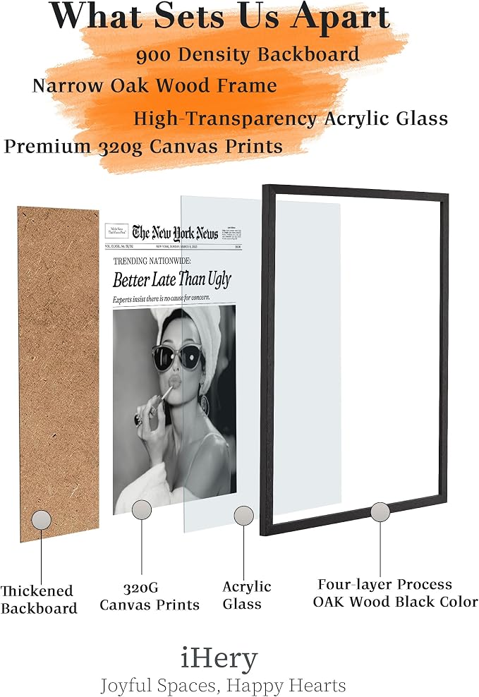 iHery 12x16in Audrey Hepburn Better Late Than Ugly Framed Bathroom Art | Premium Black Natural OAK Wood Frame with Canvas Print, Vintage Fashion Wall Decor for Bedroom, Apartment Girl Dorm, 1Pack