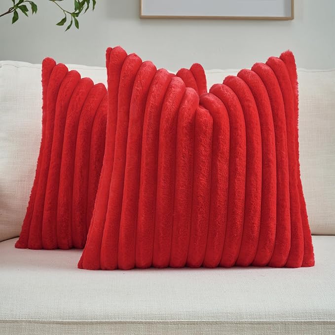FUTEI Pack of 2 Faux Fur Throw Pillow Covers 24x24 Inch, Red | Fluffy Faux Rabbit Fur Front/Premium Velvet Back,Hidden Zipper,Machine Washable,Non-Shedding,Colorfast,Insert Not Included.