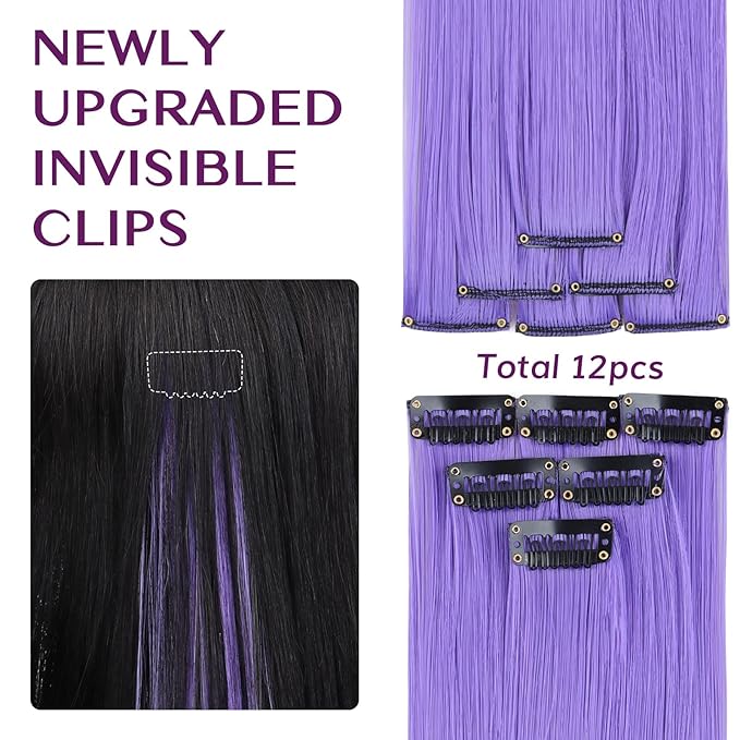IDN BEAUTY Colored Clip in Hair Extension, 12PCS Light Purple 24Inch Invisible Clip Straight Synthetic Hair Pieces for Women, Hair Accessories for Party Cosplay Travel Birthday