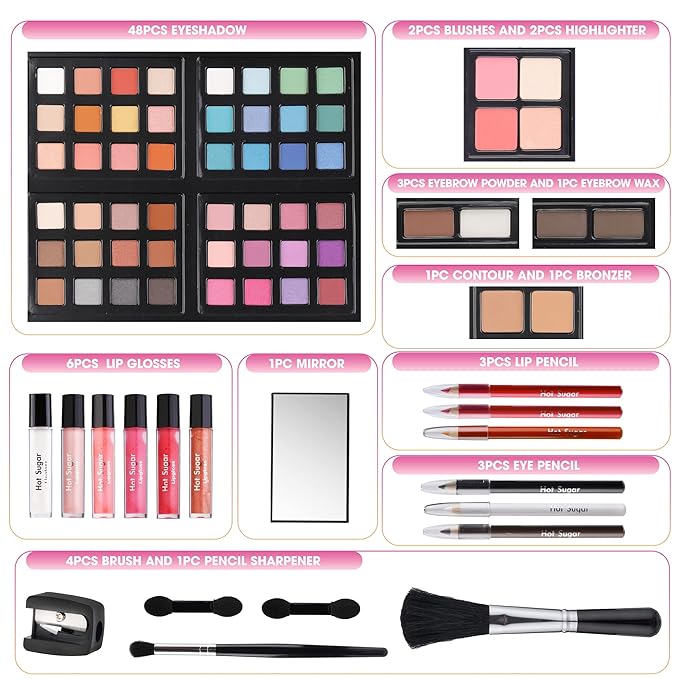 Hot Sugar Makeup Kit for Teenager Girls 10-12, All in One Beginner Makeup Kit for Women Full Kit, Teen makeup kit Cosmetic Gift Set on Birthday Christmas(Purple Daisy)