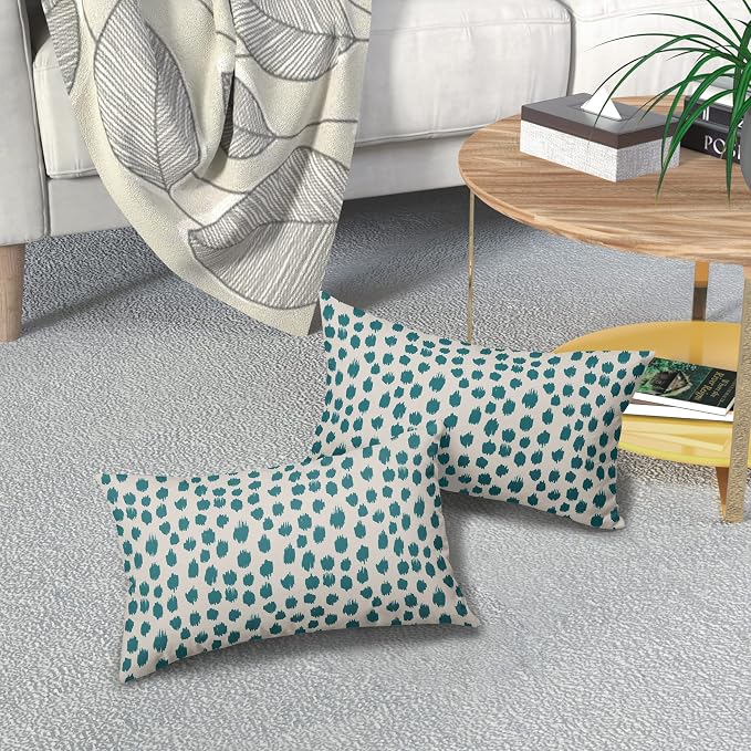 Teal Cream Pillow Covers 12x20 Set of 2 Boho Design Polka Dot Throw Pillows Modern Brush Strokes Print Decorative Outdoor Pillowcase Lumbar Cushion Cover Linen Pillow Case for Home Sofa Couch Bed