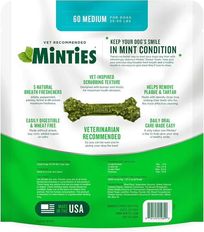 Minties Dental Chews for Dogs, 60 Count, Vet-Recommended Mint-Flavored Dental Dog Treats for Medium Dogs, Bones Clean Teeth, Fight Bad Breath, and Removes Plaque and Tartar | Vet-recommended mint dental bone; scrubs teeth as dogs chew; fights plaque, t...