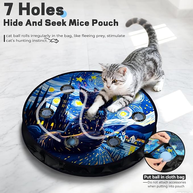 Interactive Cat Toy for Indoor Cats, Motion Activated Ball &7-Hole Maze Mat | Hide and Seek Exercise Game for Indoor Cats, Automatic Moving Cat Ball in Pouch, Rechargeable Kitten Toys (Starry Night)