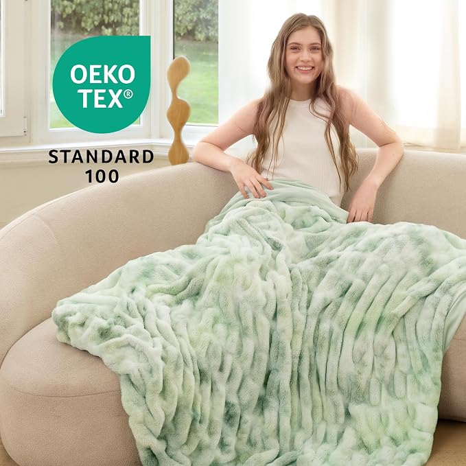 Ultra Soft Cozy Faux Fur Throw Blanket, Fuzzy Plush Thick Bubble Blanket, Luxury Fluffy Blanket for Couch, Sofa, Bedroom, and Living Room, 50x60 Inches,Tie-Dye Sage