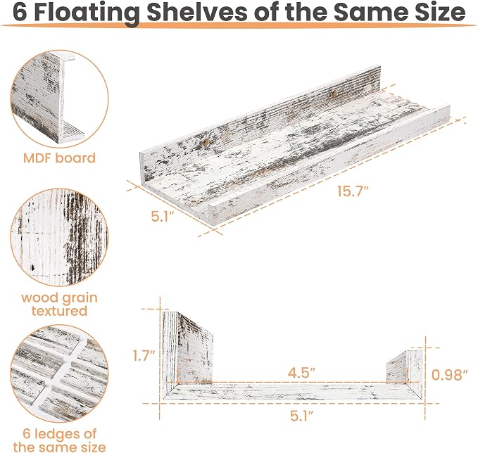 upsimples Floating Shelves for Wall Decor Storage Rustic White,6Pcs 15.7'' | Wall Mounted Wood Shelves for Living Room, Bedroom, Bathroom, Kitchen, Office, Laundry Room Display and Organize