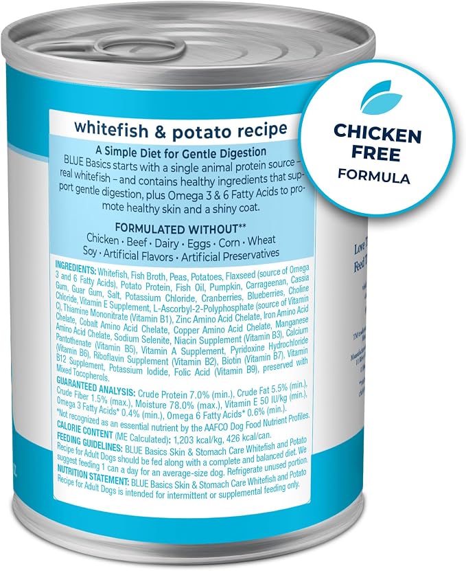 Blue Buffalo Basics Whitefish Adult Grain-Free Wet Dog Food, 12.5 oz, 12 ct | Skin & Stomach Care, Real Whitefish #1 Ingredient, Limited Ingredient Diet, Antioxidant-Rich LifeSource Bits