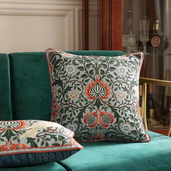 Designer Linen Square Throw Pillow Cover,Set of 2,18"x18"-Naples A | Vintage French Elegant Pillow Cover,Concealed Zipper Design,Floral Pattern,Sofa,Bedroom,Living Room,Lounge Chairs