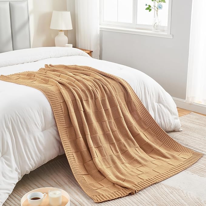 CozeCube Beige Knitted Checkered Throw Blanket 60"X80" | Check Knit Throw for Couch, Decorative Christmas Soft Cozy Warm Blanket for Bed Sofa Living Room