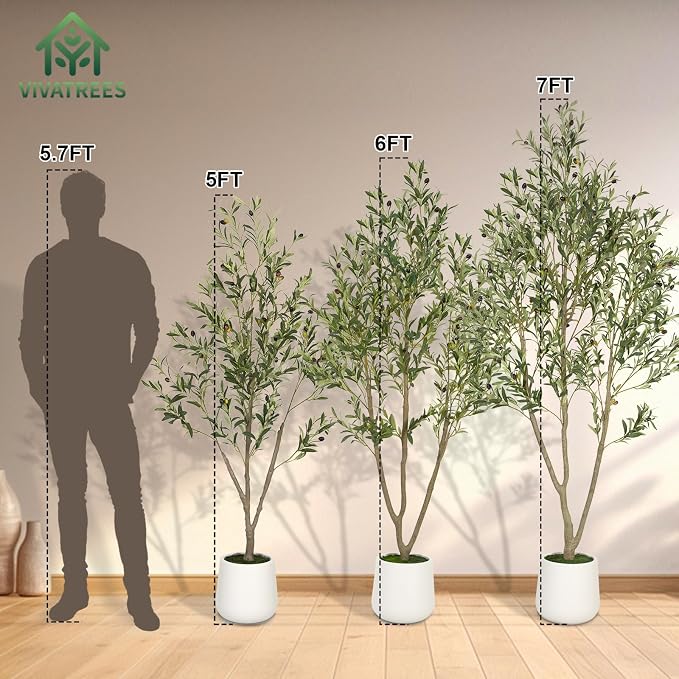 VIVATREES Olive Trees Artificial Indoor, 6FT Tall Faux Olive Tree with White Tall Planter, Artificial Plants with Natural Wood Trunk and Lifelike Fruits for Home Office Decor