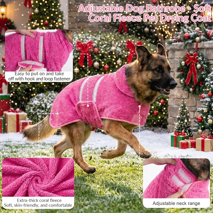 Dog Bathrobe, Super Absorbent for Small to Large Dogs, Rose Pink M | Dog Robes with Soft Fleece, Warm & Cozy, Adjustable Fit, and Quick Drying Coat for Baths Swimming and Grooming