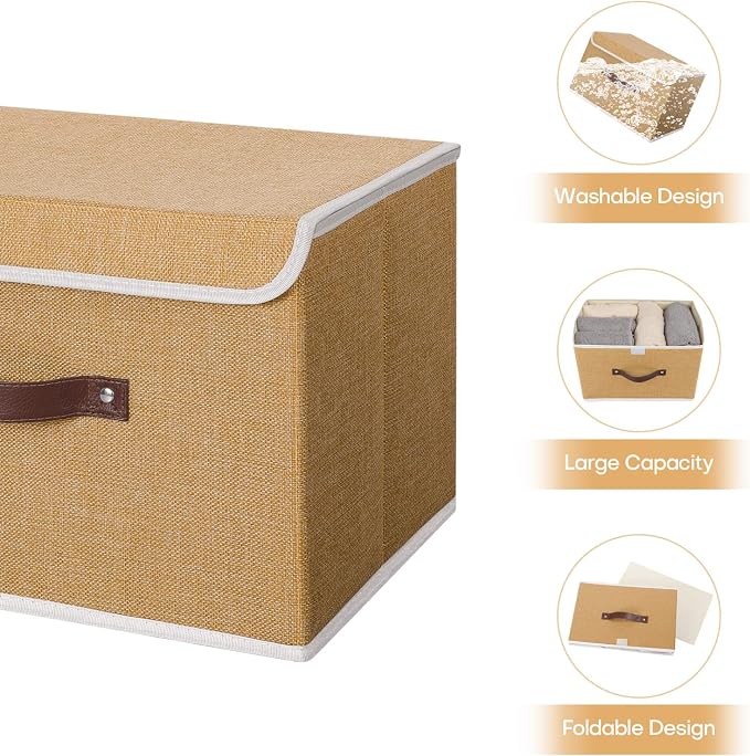 ANMINY Fabric Storage Box Bins with Lids, Khaki, 13"x9"x7.9", 4 Pack | Keepsake Memory Storage, Cotton Linen, PP Board Reinforced, Washable, PU Handles, Foldable & Stackable, Decorative, Medium