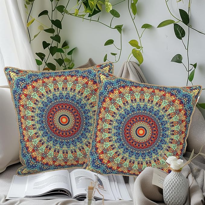 KSLIDS Boho Mandala Floral Soft Velvet Throw Pillow Covers Set of 2 Navy Blue Orange Flower Decorative Pillow Covers 20x20 Inch Abstract Retro Pillow Case for Sofa Couch Outdoor Modern Home Decor