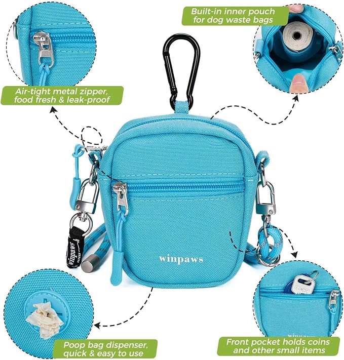Dog Treat Pouch with Poop Bag Holder, Small Crossbody Bag for Puppy Training and Walking, Shoulder Strap Can Use as Dog Leash- Pet Travel Accessories, Metal Carabiner Attached (Blue) | 900D Oxford Fabric