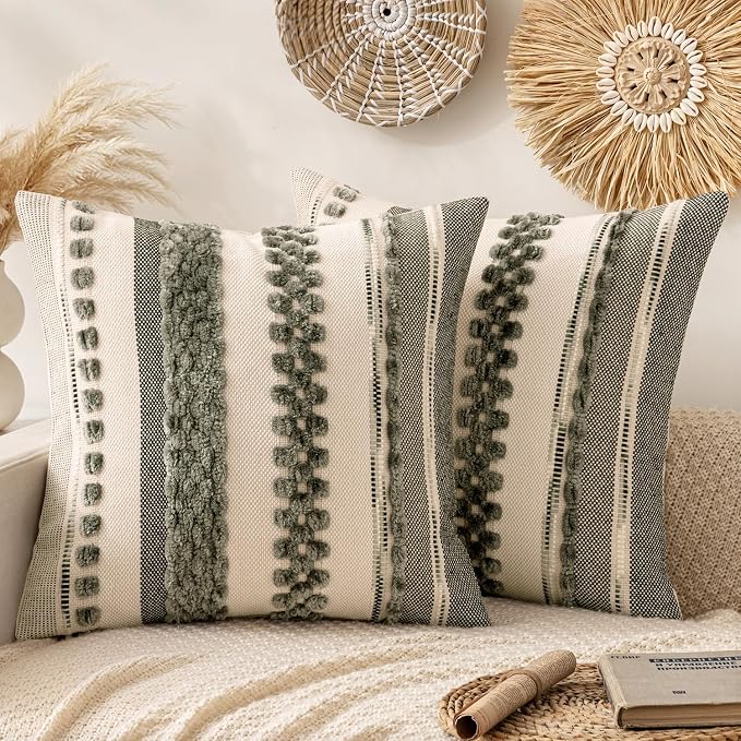 ANRODUO Boho Decorative Pillow Covers 18x18 Inch Gray Stripe 2 Pack of 2 | Throw Pillow Covers, Farmhouse Cushion Case, Chenille Pillow Cases, Pillow Covers, Accent Neutral Pillowcase for Sofa Couch