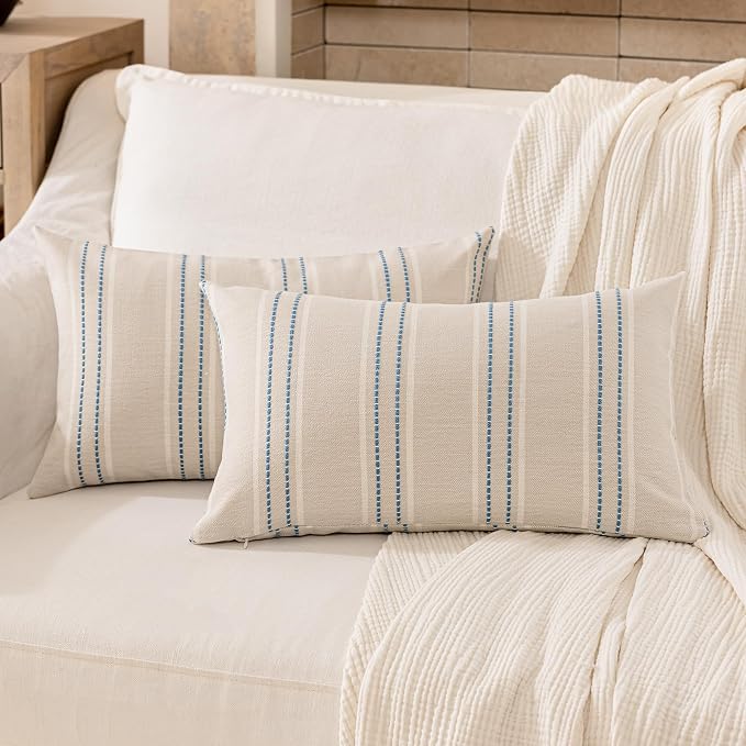 Hckot Stripe Throw Pillow Covers 12x24 Lumbar Lake Blue Pillow Covers | Farmhouse Decorative Pillows Textured Cushion Covers for Sofa Couch Bed Living Room Decor