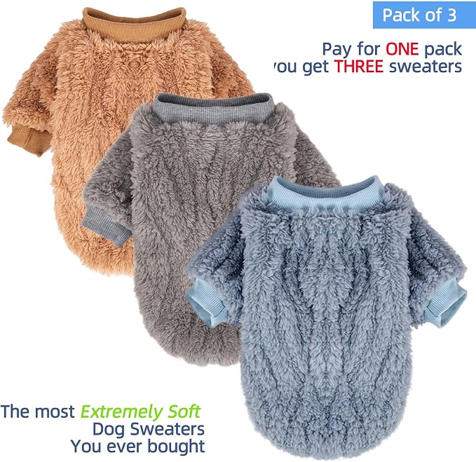 FabriCastle Small Dog Sweaters, 3-Pack Dog Clothes for Small Dogs Male & Cats, Ultra Soft and Warm Pet Coats XXS - XXL, Winter Pet Jackets, Doggy Apparel Costumes Outfits (Blue,Grey,Doe, Medium)