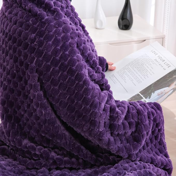 Puncuntex Deep Purple Throw Blanket 50"×60" Fuzzy 3D Jacquard Decorative | Flannel Fleece Super Soft Plush Cozy Blanket for Couch Sofa Chair Lightweight