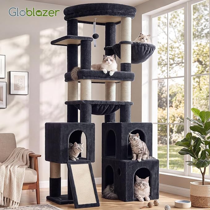 Globlazer Tall Cat Tower for Indoor Adult Cats, 72-inch, S72G, Dark Grey | Heavy Duty Cat Tree House for Big Cats with 2 Extra-Large Padded Platform, 7 Sisal Scratching Posts, 3 Large Condos