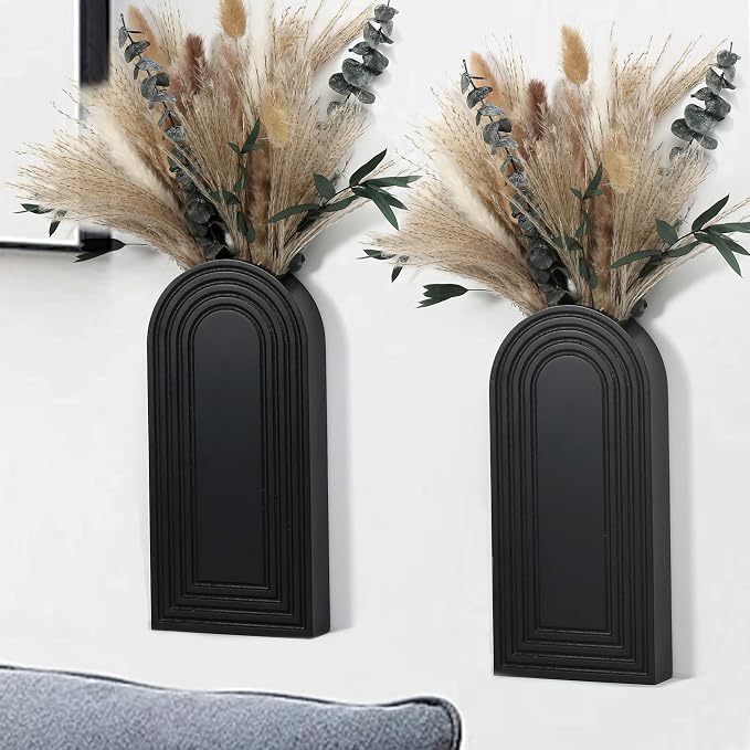 Set of 2 Wooden Wall Vases with Dried Pampas Grass & Eucalyptus, Boho Farmhouse Decor for Living Room, Entryway, Bathroom, Rustic Home Art(Black)