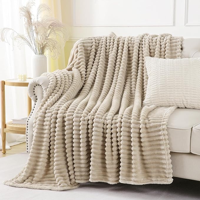 Khaki Throw Blanket for Couch Sofa 60x80 inches Striped Design | Fleece Blankets Room Home Decor Lightweight Plush Soft Cozy Gifts for Women Mom