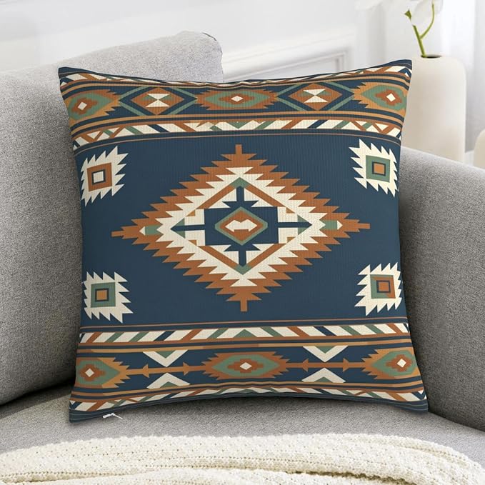 Aztec Southwestern Blue Throw Pillow Covers 18x18 Set of 2 Western Boho Cushion Cases Home Decor