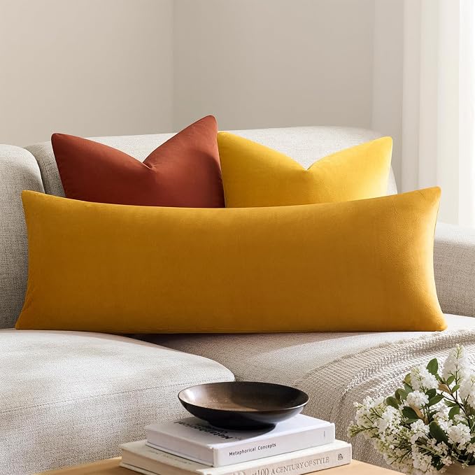 Throw Pillow Covers Lumbar 14x36 Inch Velvet Pillow Covers, Soft Decorative Mustard Yellow Pack of 1 Long Pillow Case for Couch Cushion Chair Sofa Bed Living Room