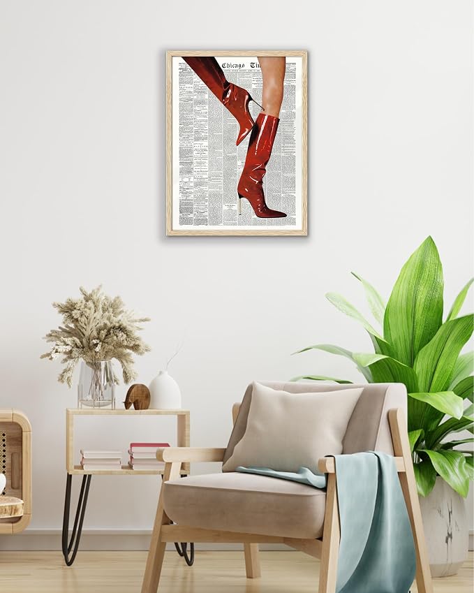 EcoHest 12x16 in Red Boots Newspaper Canvas Art | Unframed Canvas Print, Fashion Magazine Wall Decor for Bedroom, Apartment, Dorm Room, College Room, 1Pack