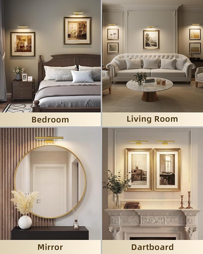 EZVALO Picture Light for Wall, Rechargeable 2400mAh Gold Lights Wireless with IR Remote, 3 Color & Dimmable Magnetic 7.87'' LED Lights Display for Painting, Living Room, Gallery, Bedroom Art(3P)