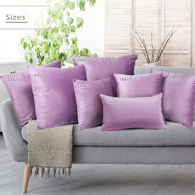 Nestl Throw Pillow Inserts Pack of 2 with Velvet Soft Solid Decorative Square Throw Pillow Covers Set for Sofa Couch Car Bedroom with 20X20 Throw Pillows Inserts with Cushion Covers, Lavender