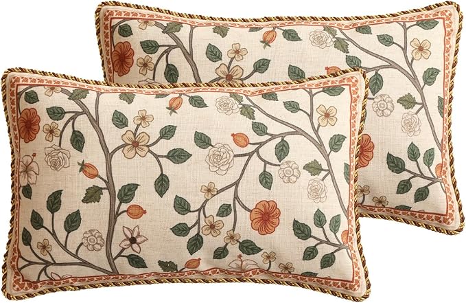 Designer Elegant Linen Throw Pillow Cover,Set of 2,20"x12"-Flora A | French Rectangle Decor Pillow Cover,Concealed Zipper Design,Floral Pattern,Sofa,Bedroom,Living Room,Lounge Chairs