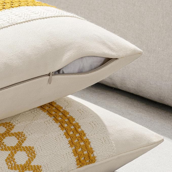 MIULEE Set of 2 Mustard Yellow Boho Decorative Pillow Covers 18x18 Inch | Fall, Boho Farmhouse Modern Couch Throw Pillows, Cotton Cushion Covers, Macrame Woven Home Decor for Bed Sofa Chair