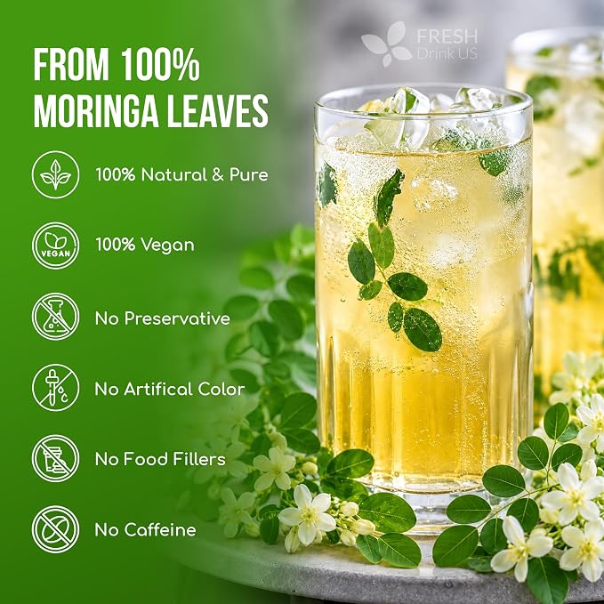 FreshDrinkUS, Premium 135 Moringa Tea Bags, 100% Natural & Pure, Herbal Tea, Made with Natural Materials-Corn Fiber Tea Bags, Sugar/Gluten Free. Rich in Antioxidants and Vitamins.