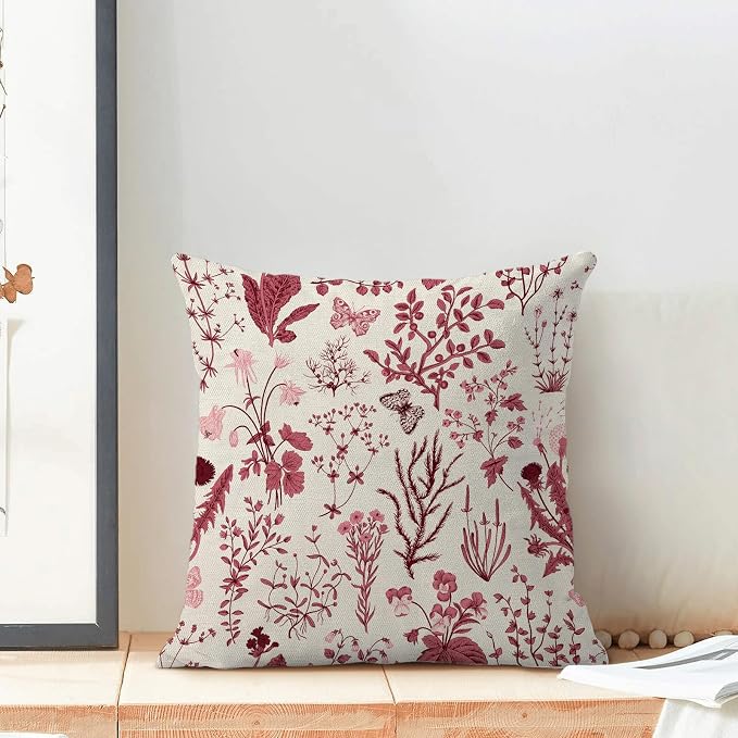 Christmas Pillow Covers 16x16 Inch Set of 2,Burgundy Red Wild Flower Plant Throw Pillows Case,Seasonal Floral Outdoor Decorative Square Linen Farmhouse Decor Cushion Covers for Home Sofa bed Couch