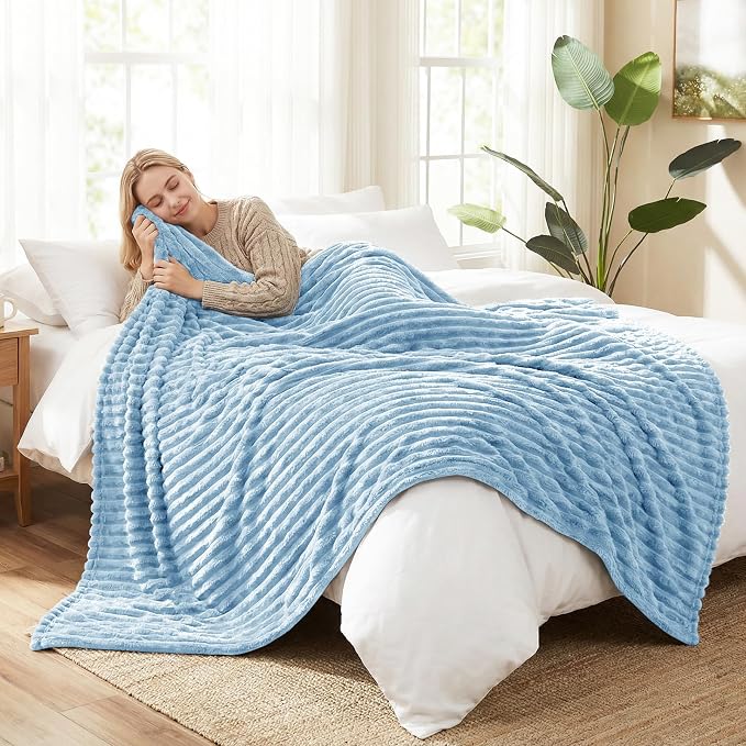 HIMEET Light Blue Queen Blanket for Bed, 300GSM Ribbed Fleece, 90 x 90 in | Ultra Soft Flannel, All-Season Lightweight Warmth, Cozy Bed Coverage & Bedroom Decor, Gift for Men & Women, Machine Washable