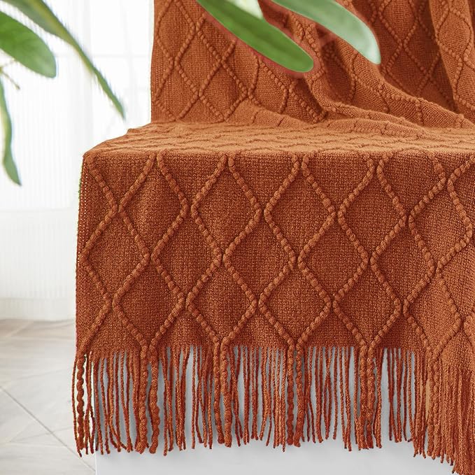 inhand Orange Rust Knitted Throw Blanket for Couch and Bed, 50"x60" | Soft Cozy Knit Blanket with Tassel, Lightweight Decorative Blankets and Throws, Farmhouse Warm Woven for Men and Women