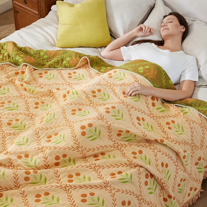 100% Cotton Boho Throw Blanket for Home Decor – Classic Farmhouse Quilt Bedding, Muslin Blankets for Adults, Vintage Woven Decorative Blanket for Couch, Bed Layering Use, Vintage Floral, 90"x90"