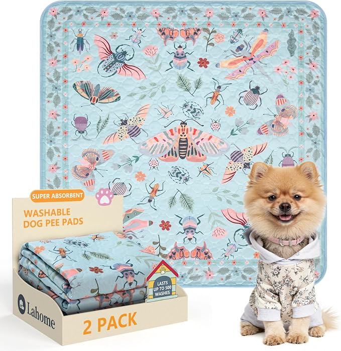 Lahome Washable Reusable Pee Pads for Dogs - Blue Butterfly & Insect Print 2 Pack Puppy Pads, Super Absorbent & Waterproof Training Mats for Crate & Floor - Leakproof with Non-Slip Backing (24"x24")