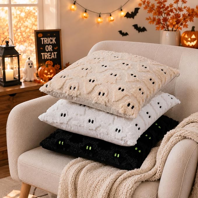 DFXSZ Halloween Pillow Covers 16x16 inch 2Pcs White Ghost Halloween Decor | Halloween Decorations Set of 2 Throw Pillow Cases Plush Faux Fur Wool Cushion for Chair Sofa Bedroom Living Room Home Decor