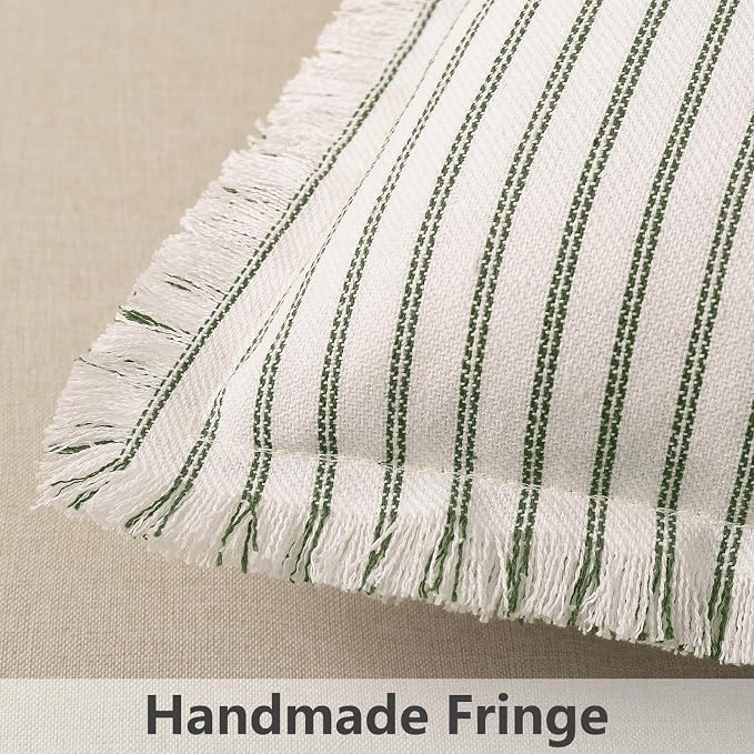 Throw Pillow Covers 16x16 Set of 2 Striped Pillow Covers with Fringe Chic Cotton Decorative Pillows Square Cushion Covers for Sofa Couch Bed Living Room Farmhouse Decor, (Olive Green)
