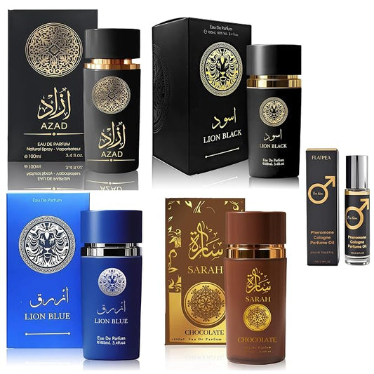 AFLUXE Men's Cologne Gift Set - Variety Pack of 4 Long Lasting Fragrances with 10ml Pheromone Cologne (AZAD Black/Lion Black/Lion blue/Sarah Chocolate)